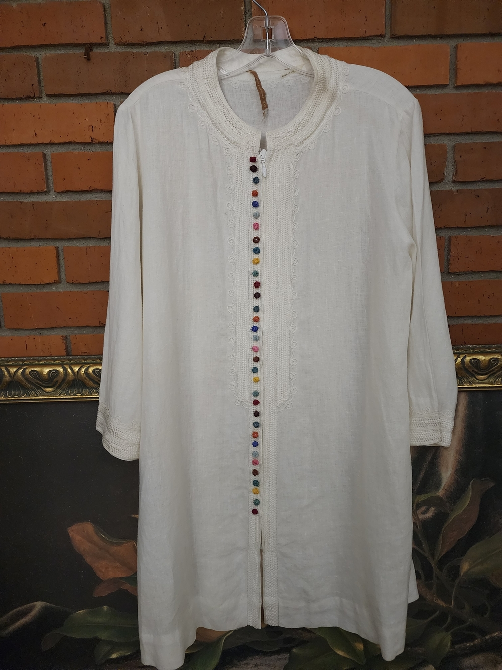 Soft Surroundings White Linen Tunic Coat with Multicolor Button Detail